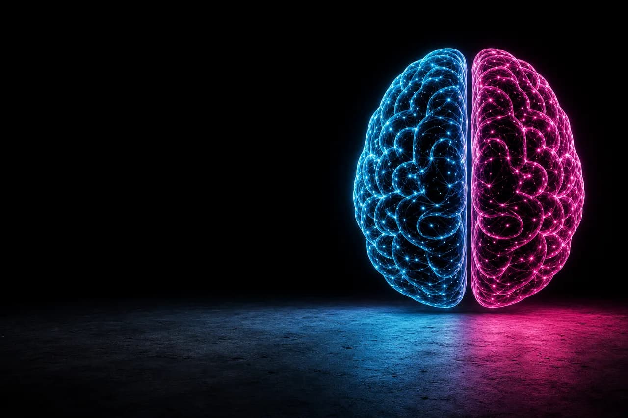 Glowing bisected brain showing logic and empathy